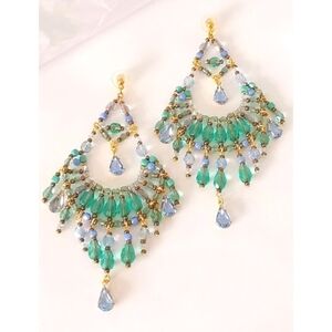 Large Kundan style Shoulder Duster chandelier earrings turquoise crystals
